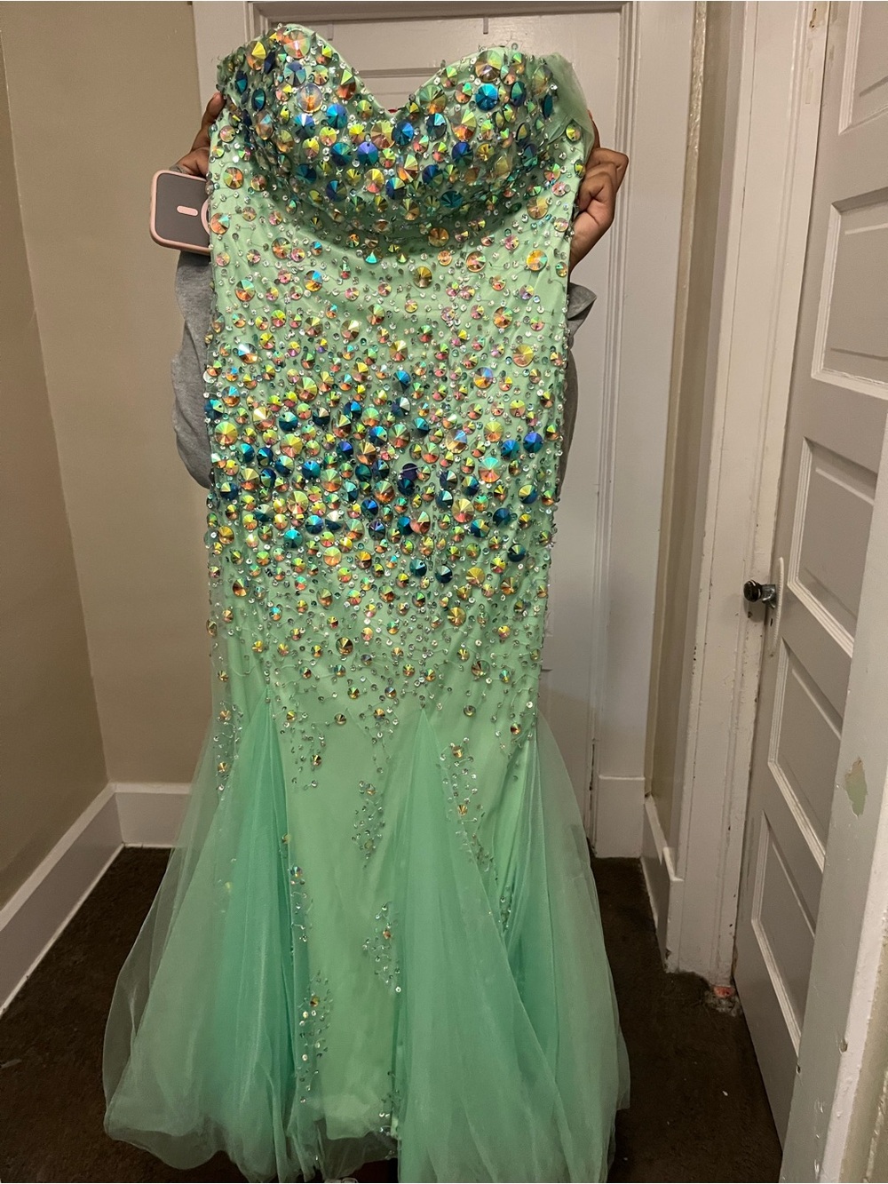 Jovani Mint Green Jeweled Strapless Prom Gown